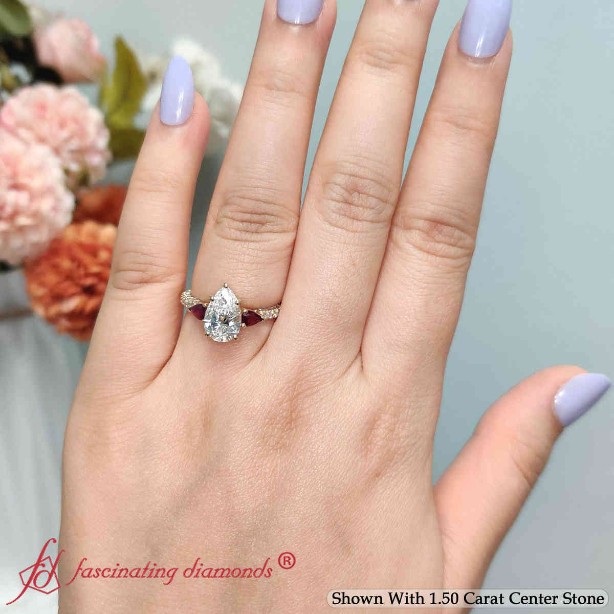 Pear Lab Diamond 3 Stone Engagement Ring with 14K Yellow Gold Red Ruby