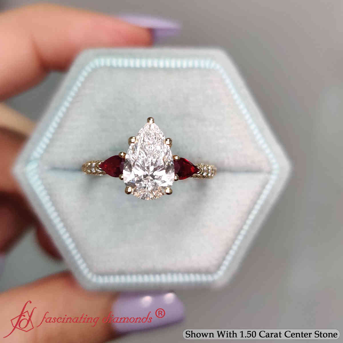 Pear Lab Diamond 3 Stone Engagement Ring with 14K Yellow Gold Red Ruby