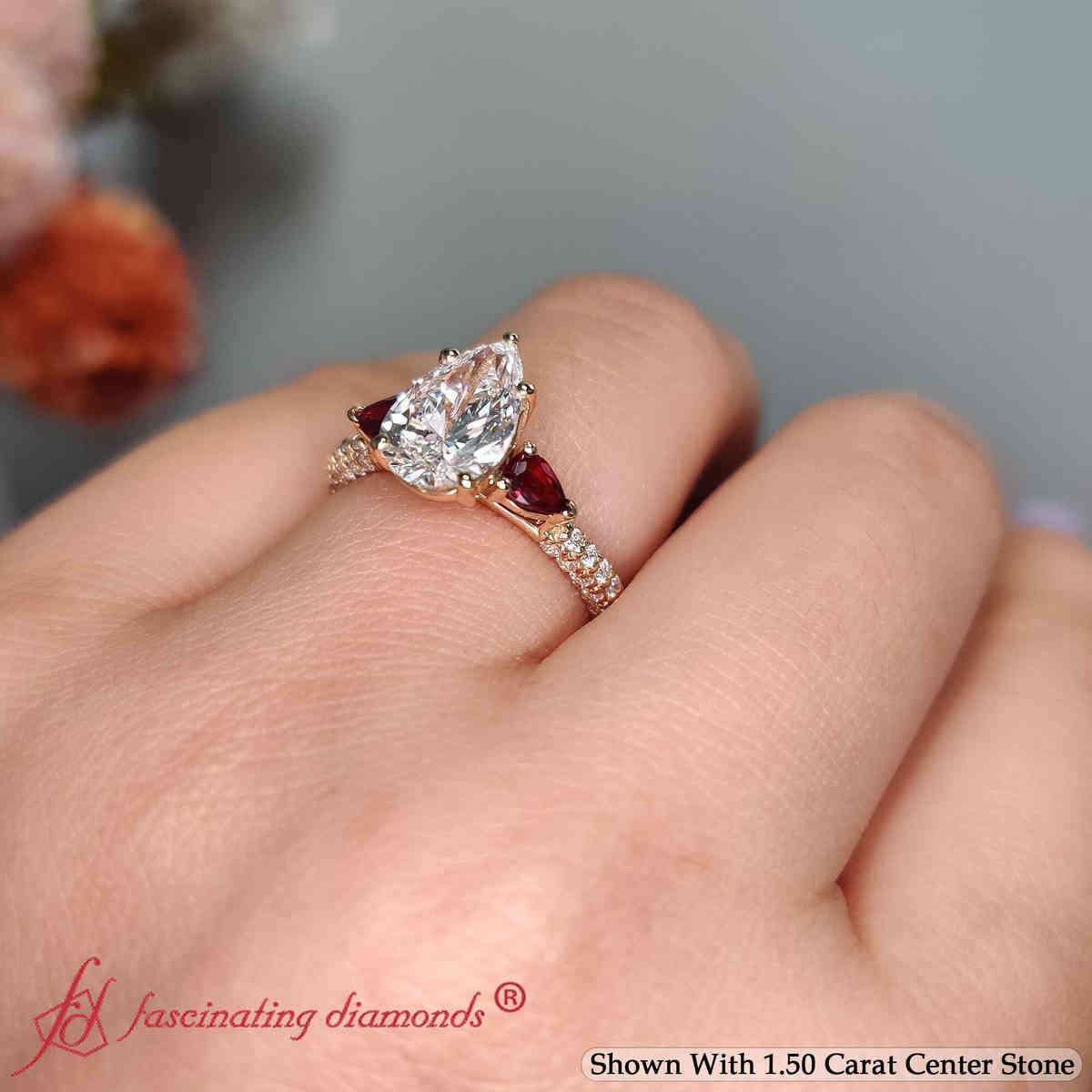 Pear Lab Diamond 3 Stone Engagement Ring with 14K Yellow Gold Red Ruby