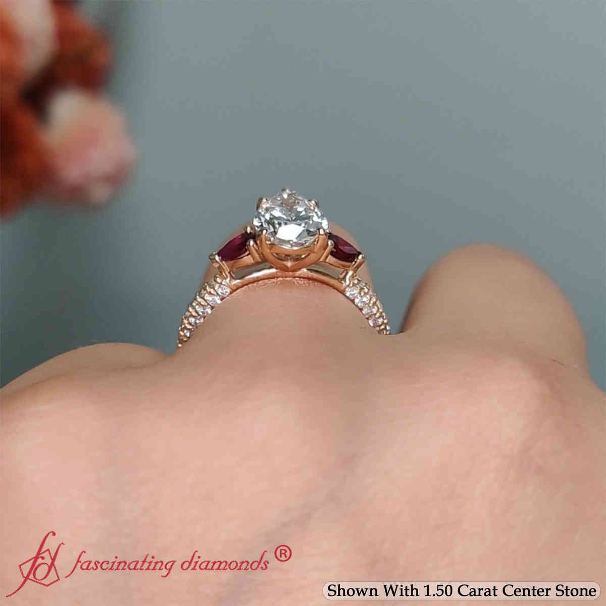 Pear Lab Diamond 3 Stone Engagement Ring with 14K Yellow Gold Red Ruby