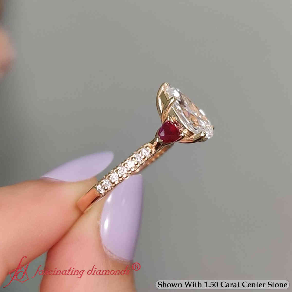 Pear Lab Diamond 3 Stone Engagement Ring with 14K Yellow Gold Red Ruby