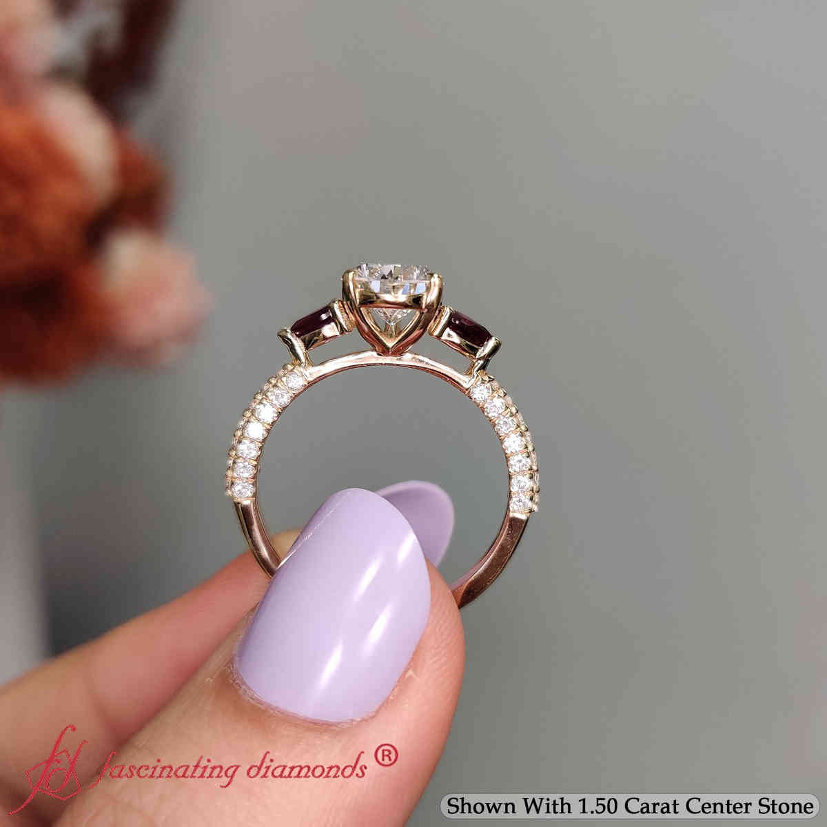 Pear Lab Diamond 3 Stone Engagement Ring with 14K Yellow Gold Red Ruby
