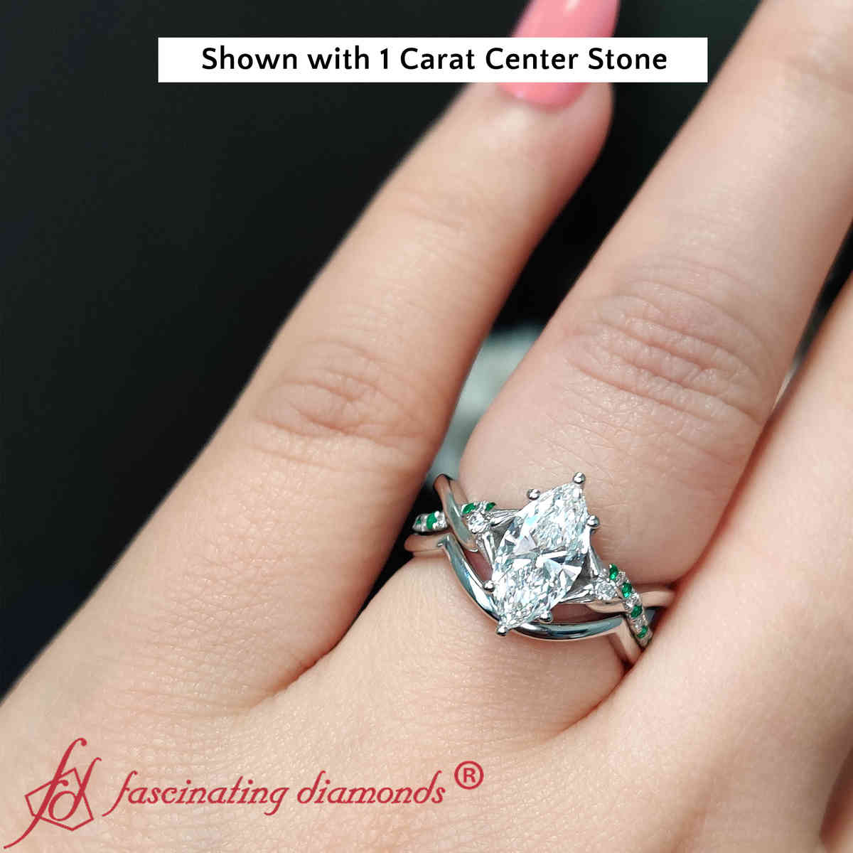 1 Ct. Marquise Cut Twisted Bridal Ring Set with 18K White Gold Green Emerald