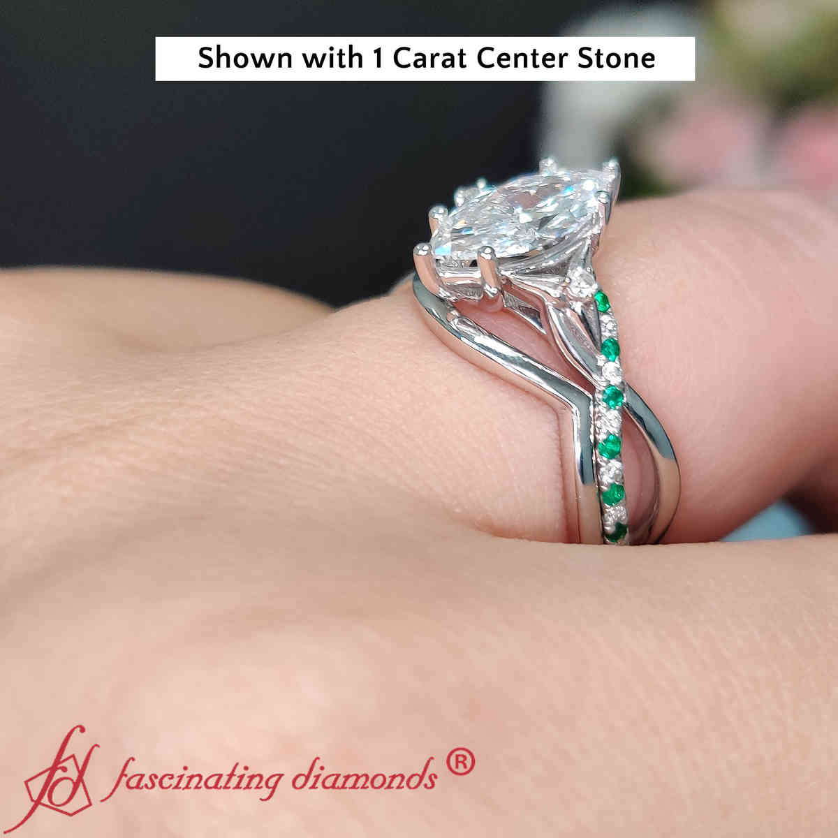 1 Ct. Marquise Cut Twisted Bridal Ring Set with 18K White Gold Green Emerald