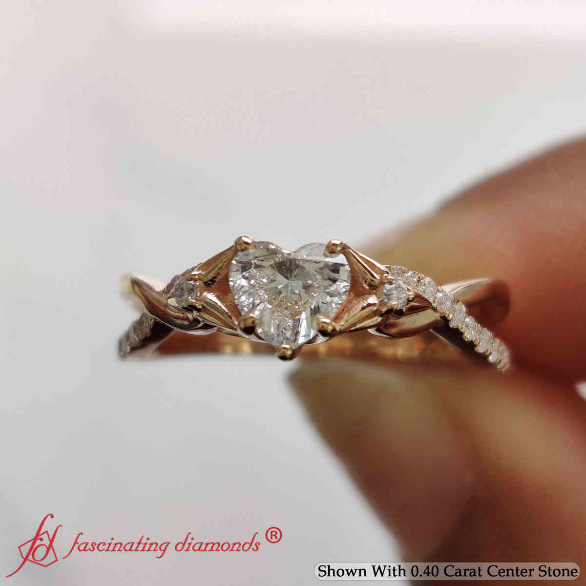 Heart Shaped Lab Diamond Twist Promise Ring with 14K Rose Gold White Diamond