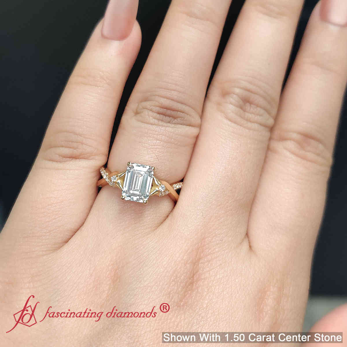 Infinity Style Emerald Cut Wedding Lab Diamond Ring with 18K Yellow Gold White Diamond