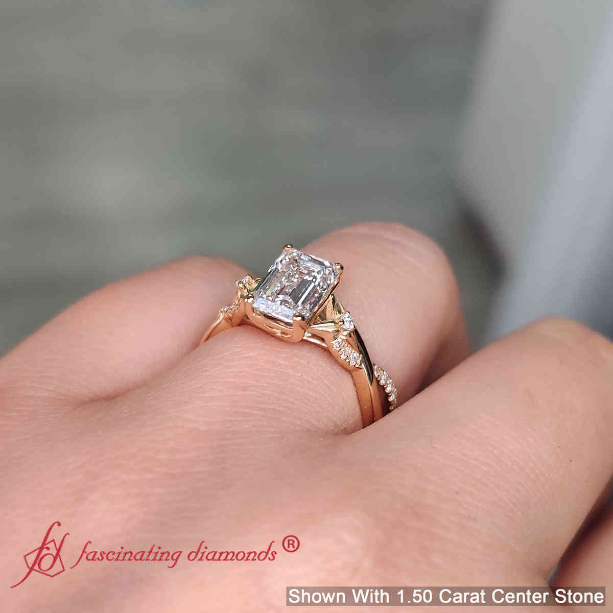 Infinity Style Emerald Cut Wedding Lab Diamond Ring with 18K Yellow Gold White Diamond
