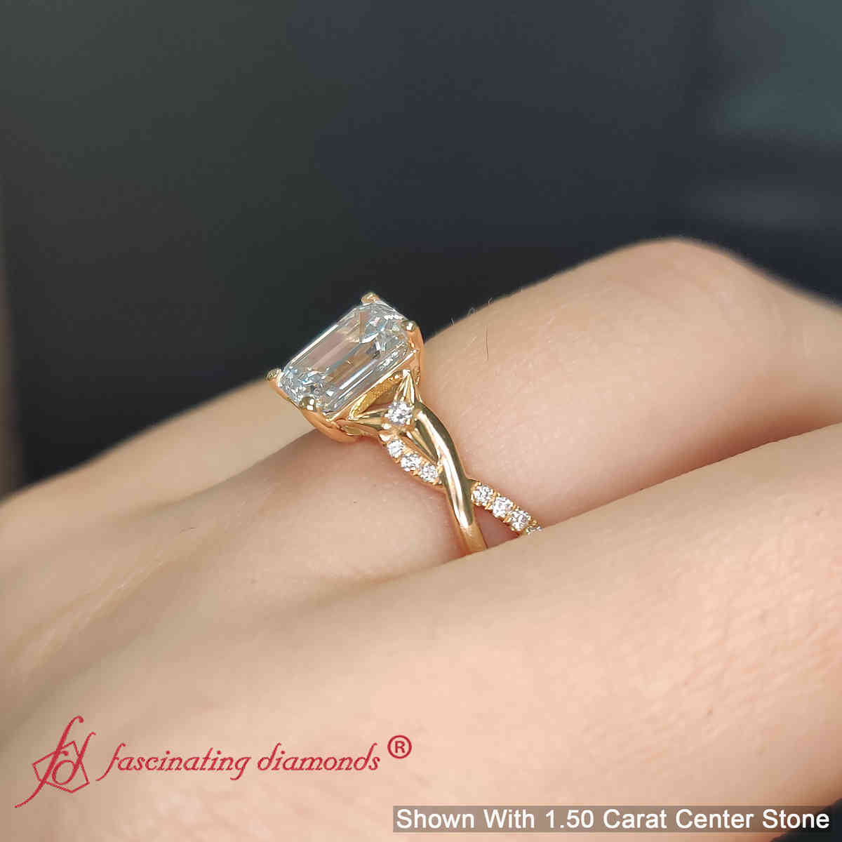 Infinity Style Emerald Cut Wedding Lab Diamond Ring with 18K Yellow Gold White Diamond