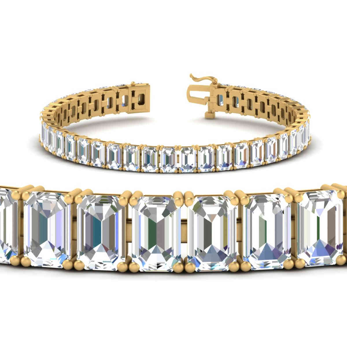 Tennis Bracelet Basket Set Emerald Cut 20 Carat with 14K Yellow Gold White Diamond