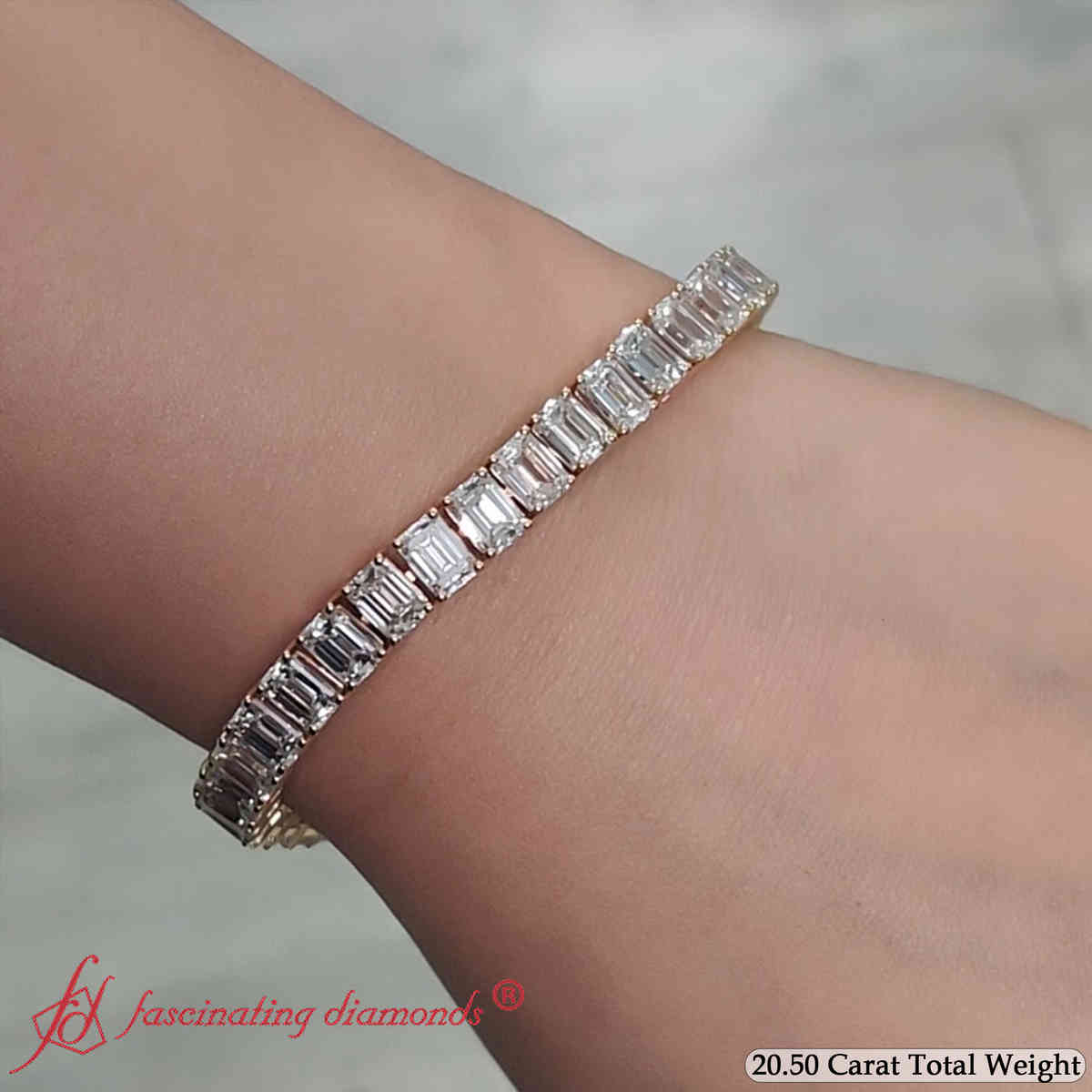 Tennis Bracelet Basket Set Emerald Cut 20 Carat with 14K Yellow Gold White Diamond