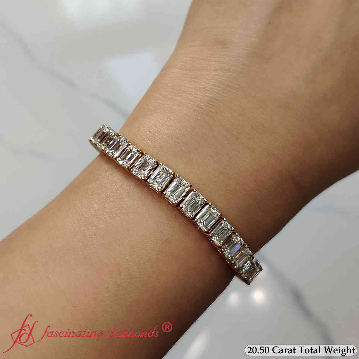 Tennis Bracelet Basket Set Emerald Cut 20 Carat with 14K Yellow Gold White Diamond