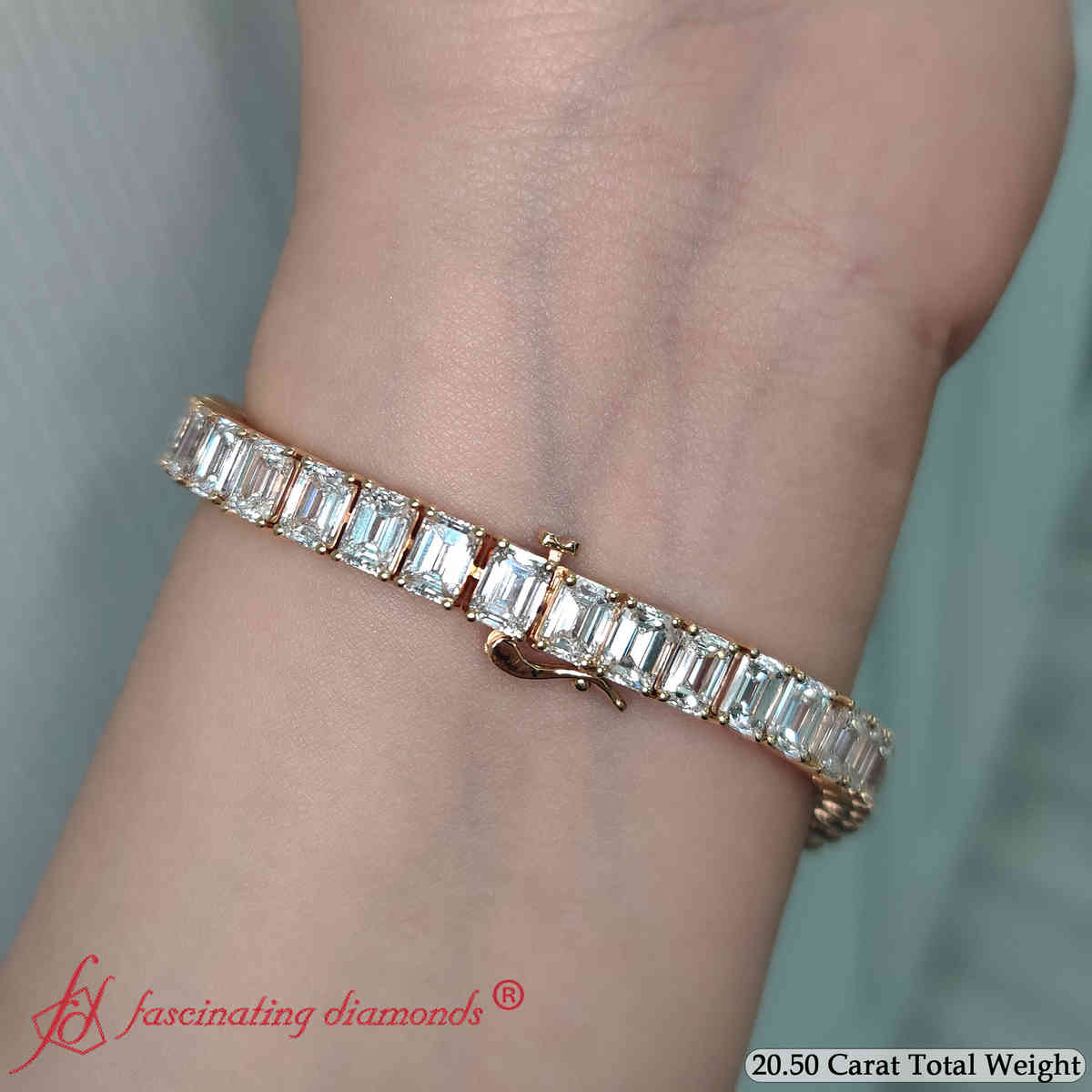 Tennis Bracelet Basket Set Emerald Cut 20 Carat with 14K Yellow Gold White Diamond