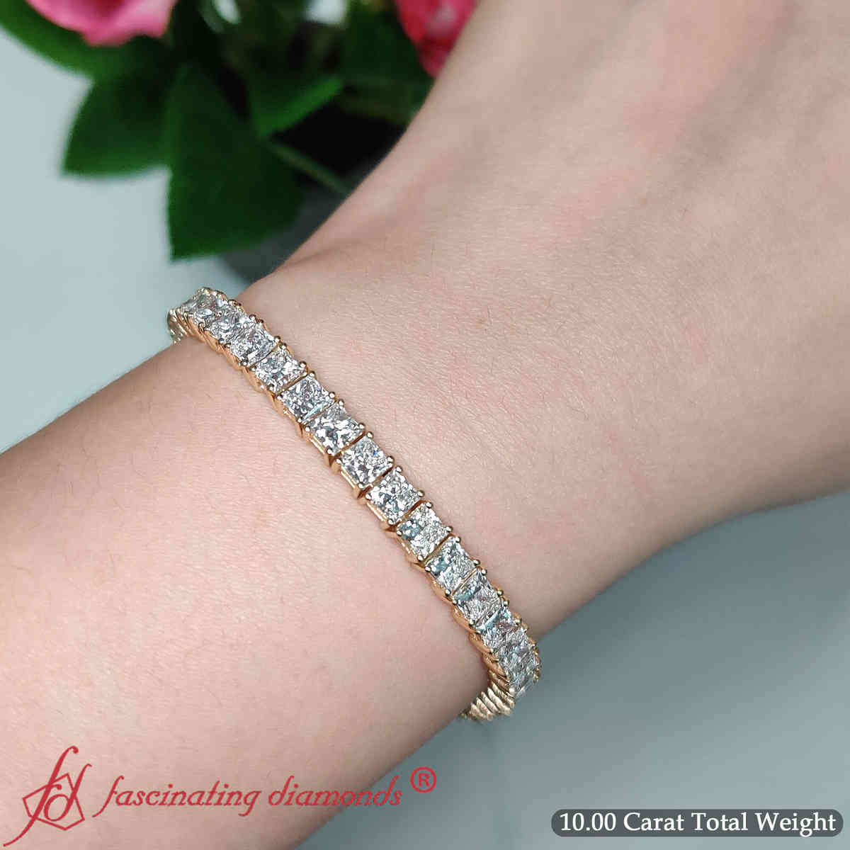 10 Ct. Princess cut Diamond Tennis Bracelet with 14K Yellow Gold White Diamond