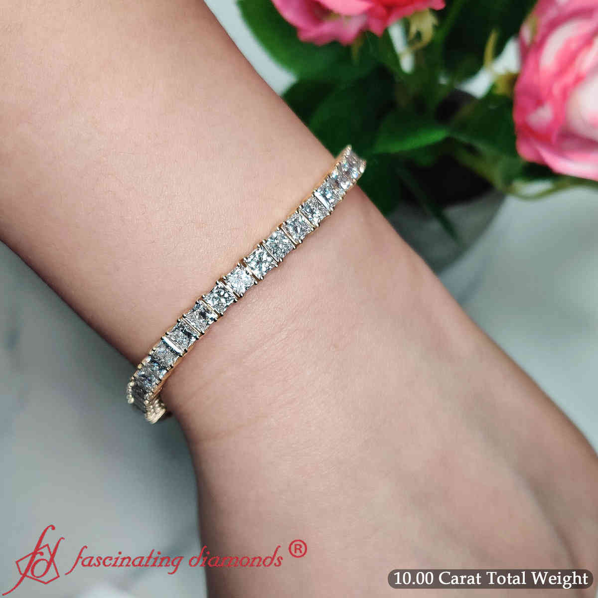 10 Ct. Princess cut Diamond Tennis Bracelet with 14K Yellow Gold White Diamond