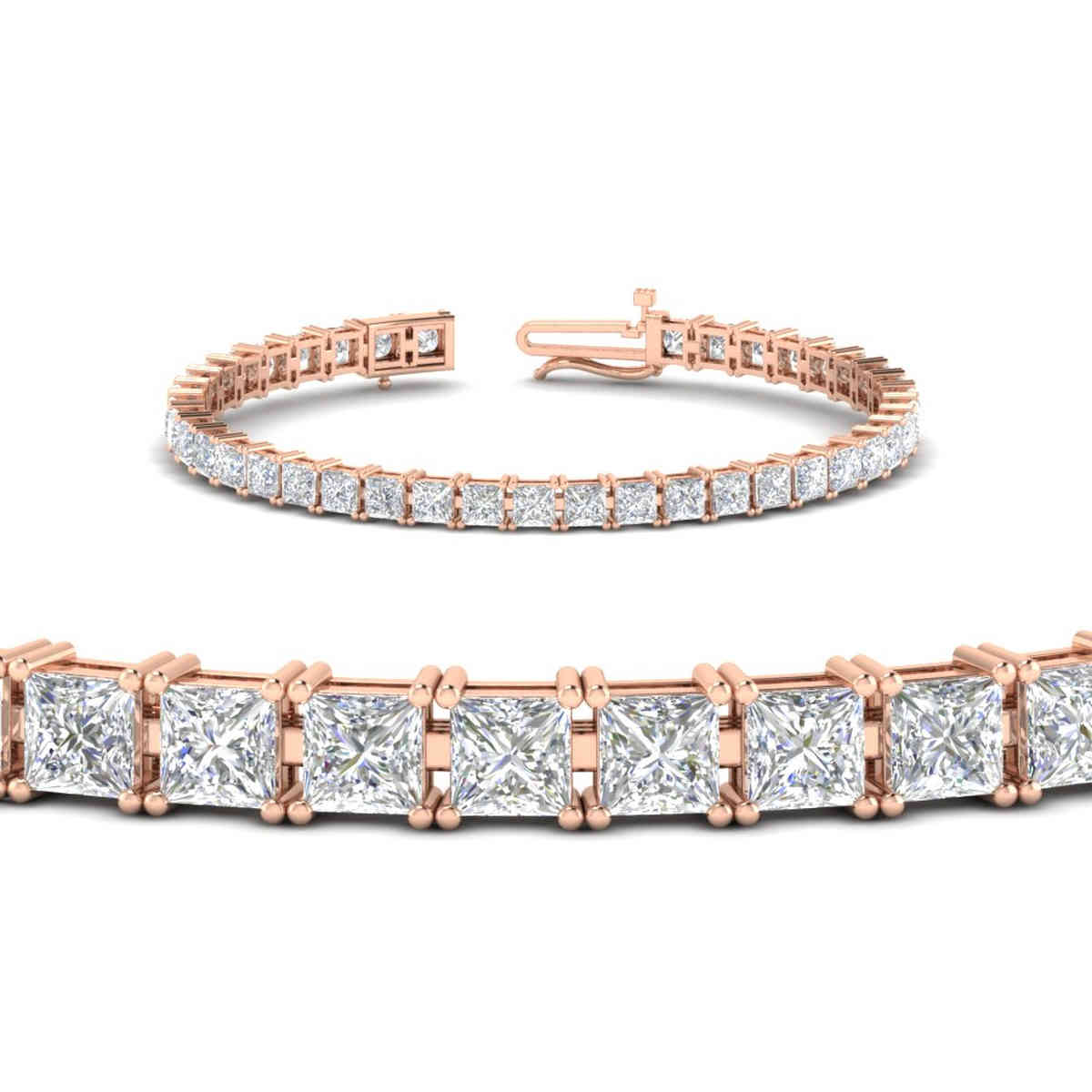 12 Carat Princess Cut Basket Tennis Bracelet with 14K Rose Gold White Diamond