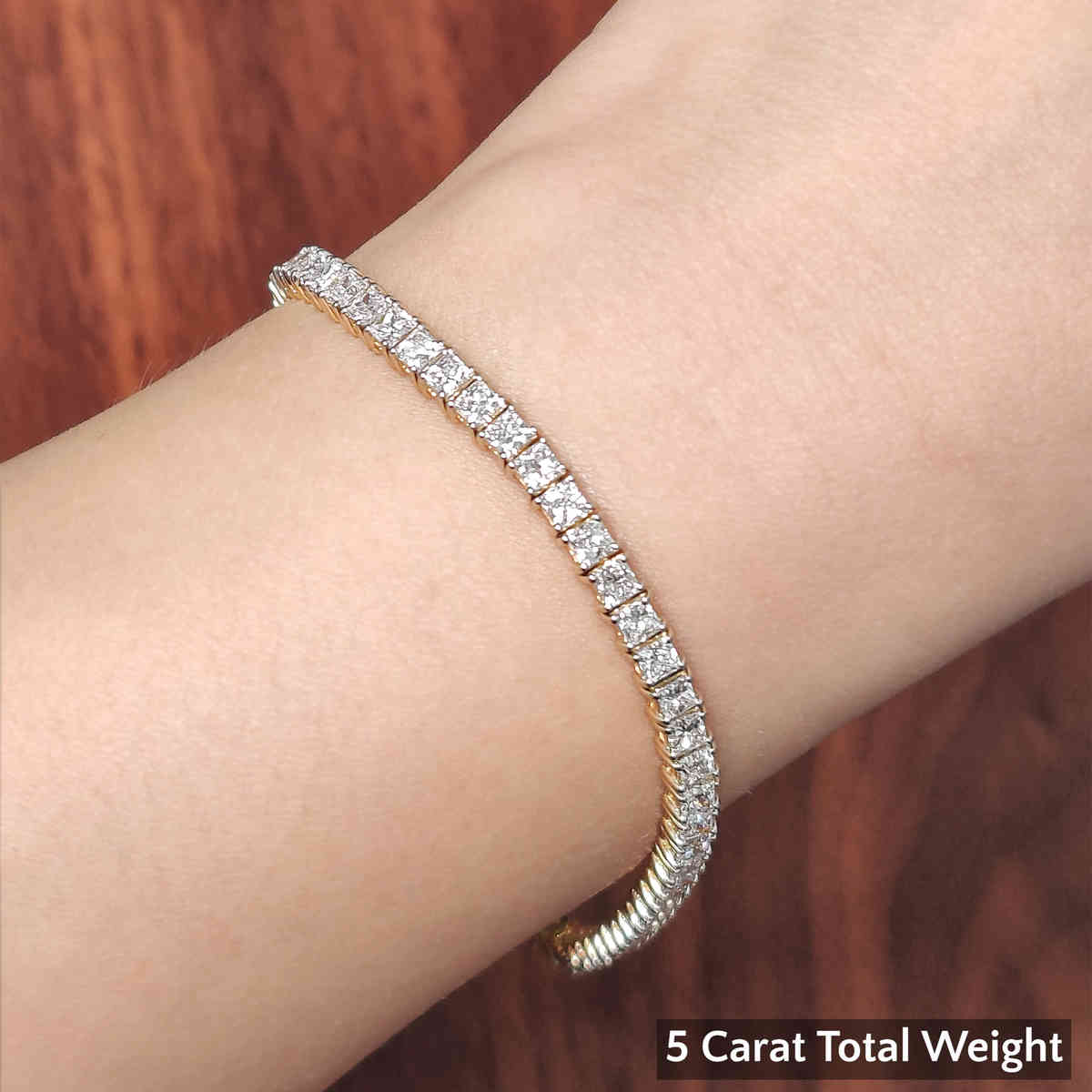 5 Carat Princess Cut Diamond Tennis Bracelet with 14K Yellow Gold White Diamond