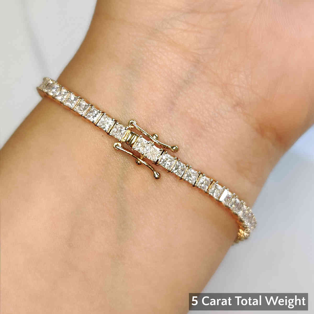 5 Carat Princess Cut Diamond Tennis Bracelet with 14K Yellow Gold White Diamond