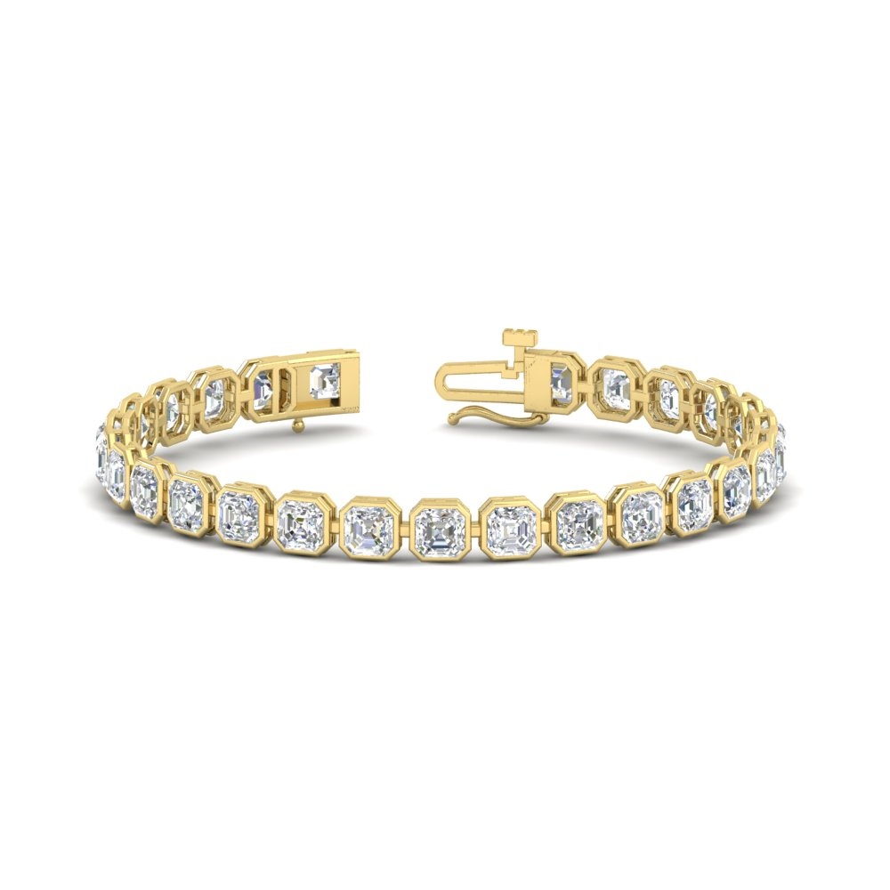 11 Carat Asscher Diamond Bezel Tennis Bracelet with 14K Yellow Gold White Diamond