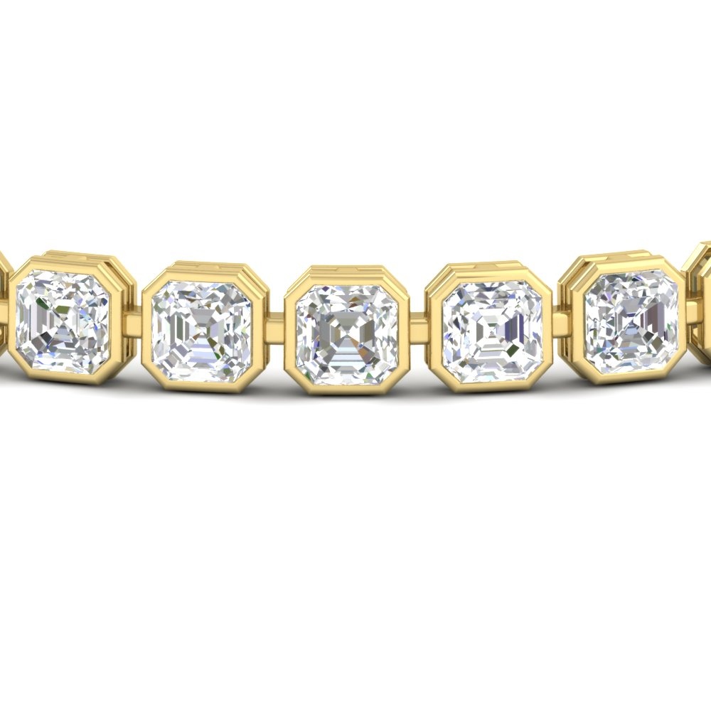 11 Carat Asscher Diamond Bezel Tennis Bracelet with 14K Yellow Gold White Diamond