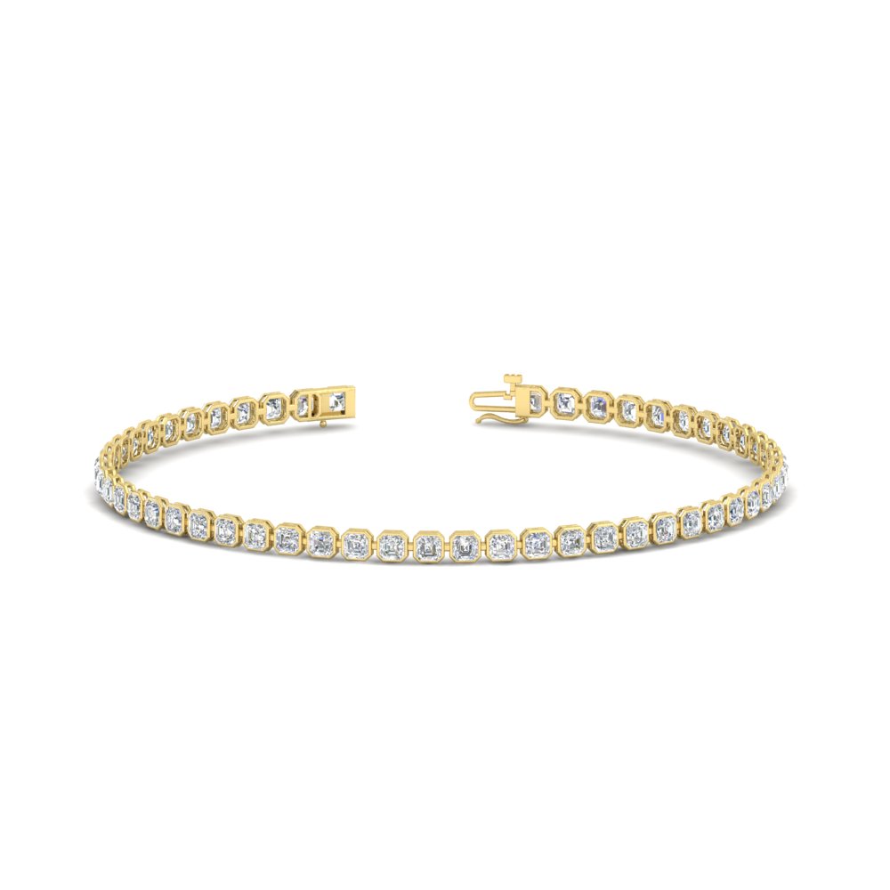 2.70 Ct. Asscher Diamond Bezel Tennis Bracelet with 14K Yellow Gold White Diamond