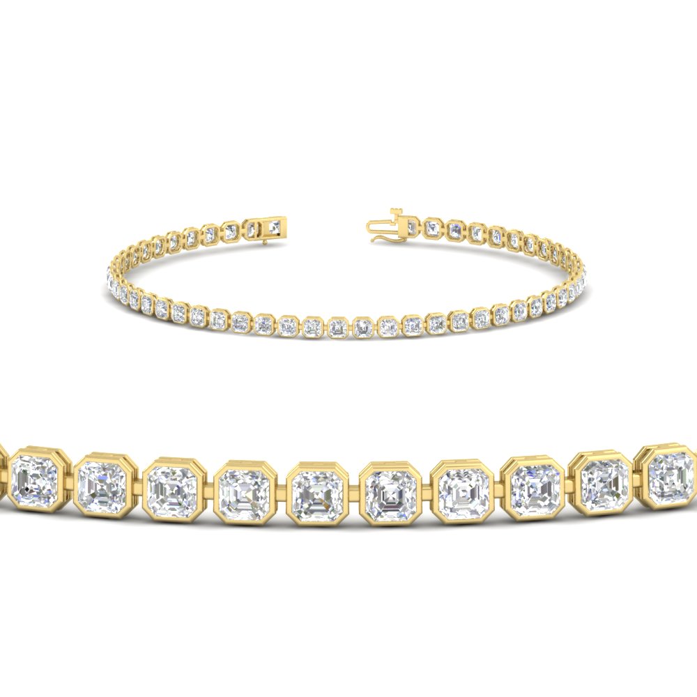 2.70 Ct. Asscher Diamond Bezel Tennis Bracelet with 14K Yellow Gold White Diamond