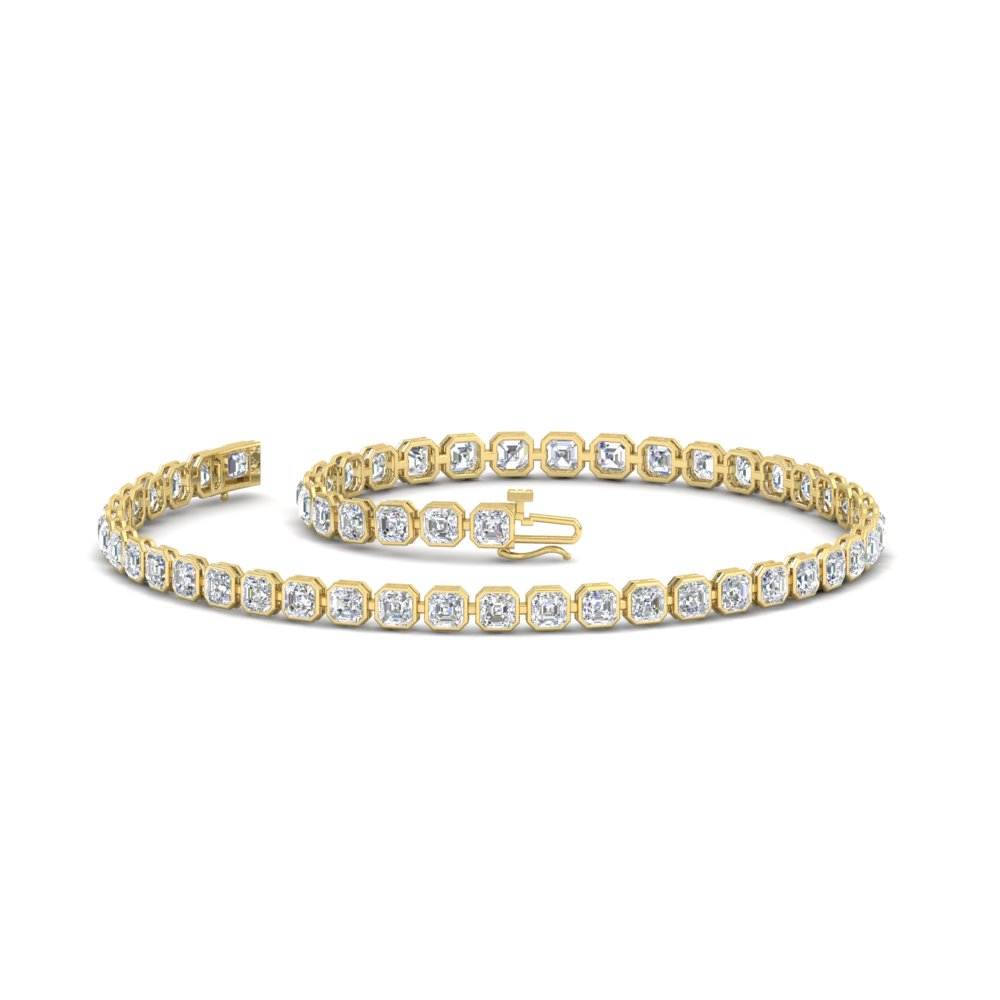 2.70 Ct. Asscher Diamond Bezel Tennis Bracelet with 14K Yellow Gold White Diamond