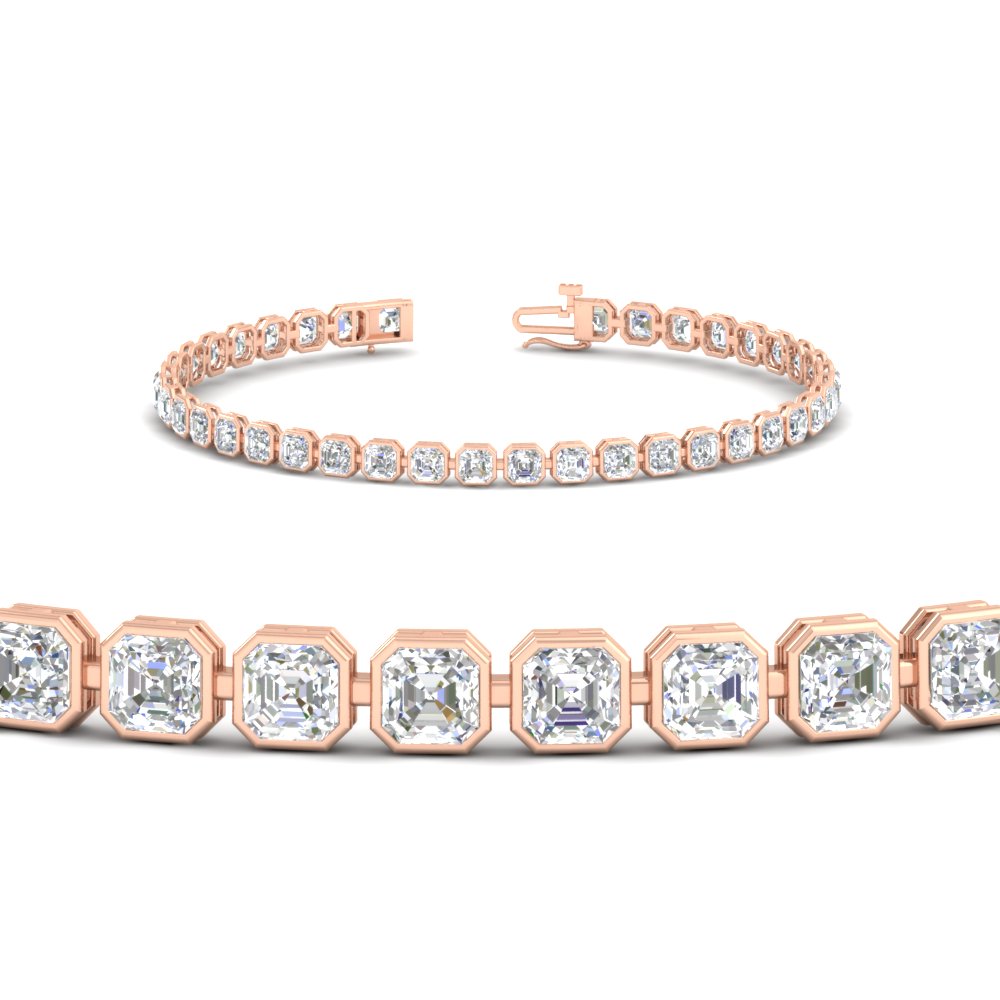 6 Carat Asscher Diamond Bezel Tennis Bracelet with 14K Rose Gold White Diamond