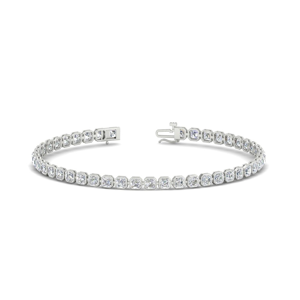 Asscher Diamond Bezel Tennis Bracelet 4.50 Carat with 14K White Gold White Diamond