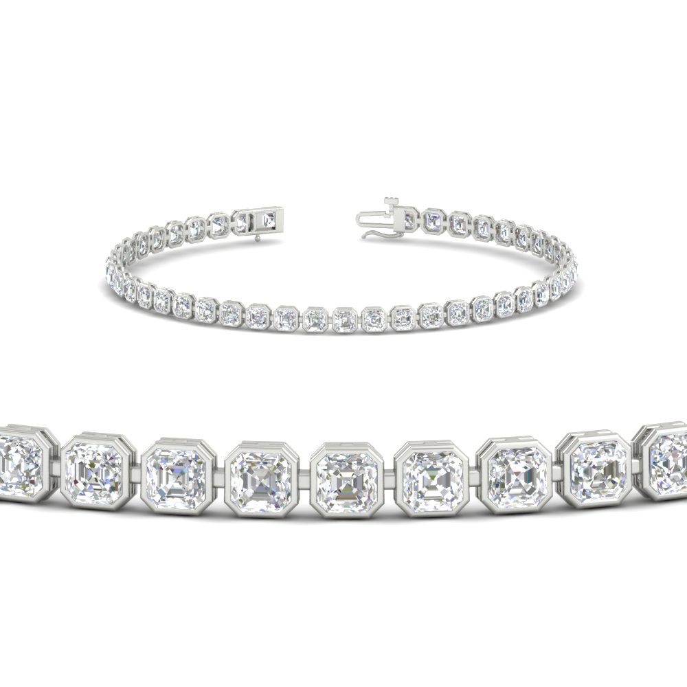 Asscher Diamond Bezel Tennis Bracelet 4.50 Carat with 14K White Gold White Diamond