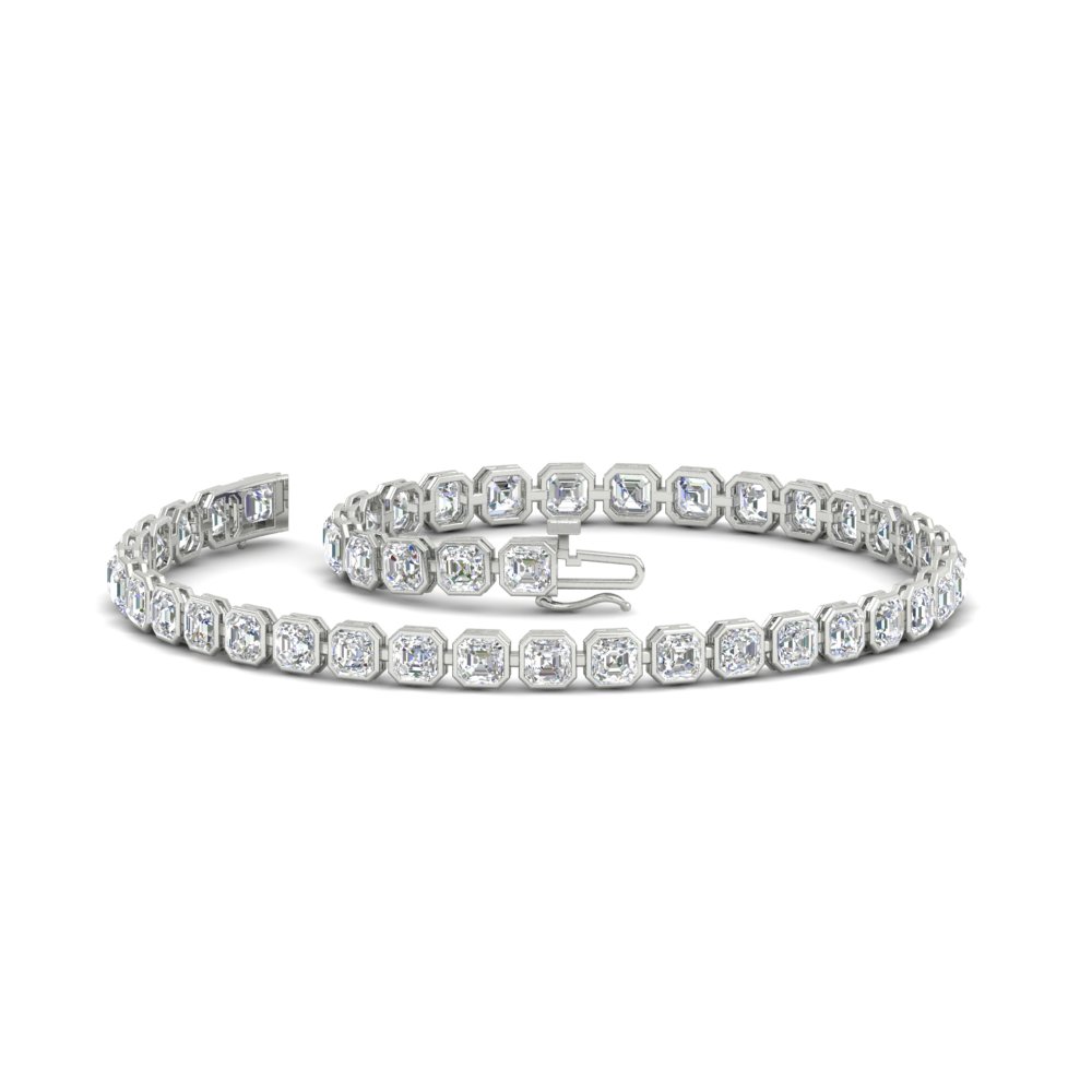 Asscher Diamond Bezel Tennis Bracelet 4.50 Carat with 14K White Gold White Diamond