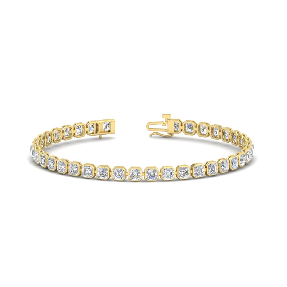 Bezel Tennis Bracelet Asscher Diamond 7.60 Carat with 14K Yellow Gold White Diamond