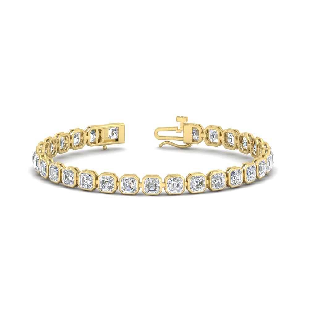 Bezel Tennis Bracelet Asscher Diamond 8.70 Carat with 14K Yellow Gold White Diamond