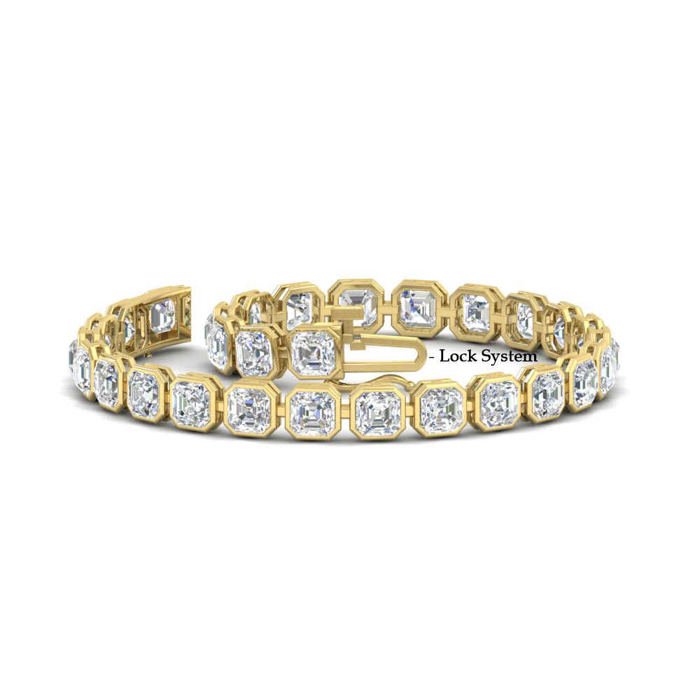 Bezel Tennis Bracelet Asscher Diamond 8.70 Carat with 14K Yellow Gold White Diamond