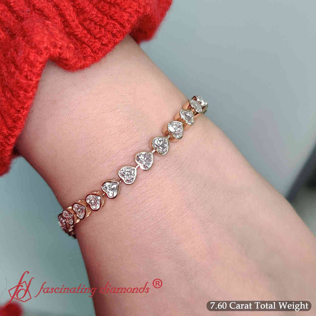 7.60 Ct. Bezel Tennis Bracelet Heart Shaped Diamond with 14K Yellow Gold White Diamond