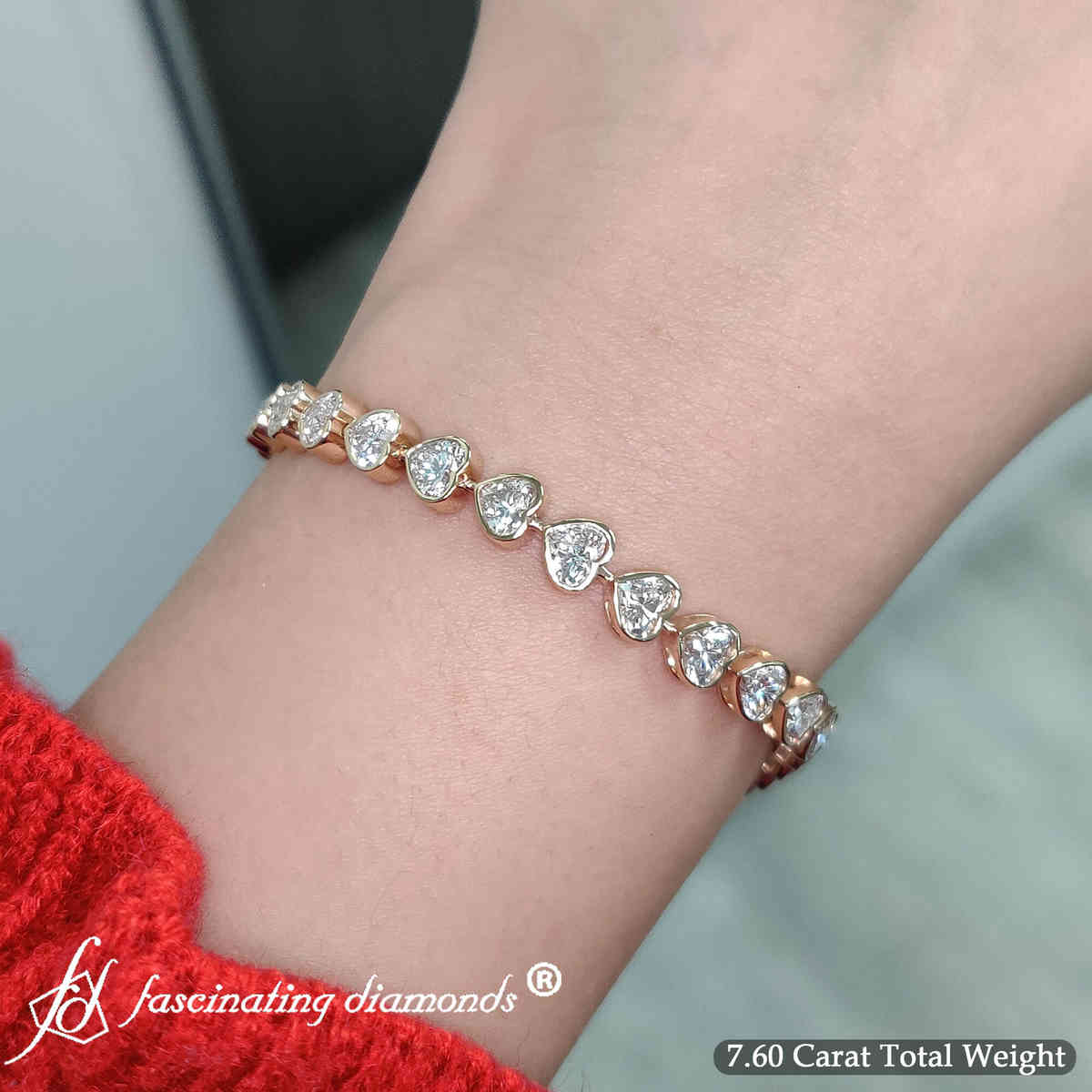 7.60 Ct. Bezel Tennis Bracelet Heart Shaped Diamond with 14K Yellow Gold White Diamond