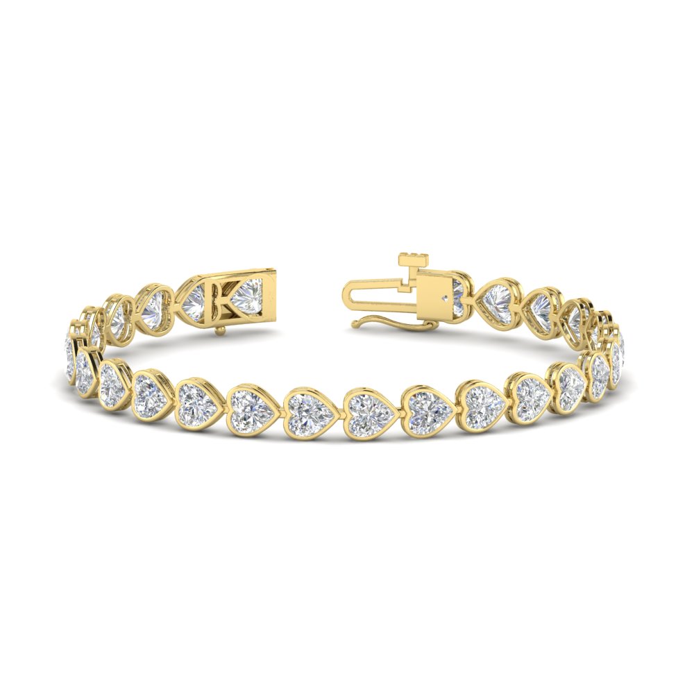 Heart Shaped Diamond Bezel Tennis Bracelet 10.40 Carat with 14K Yellow Gold White Diamond