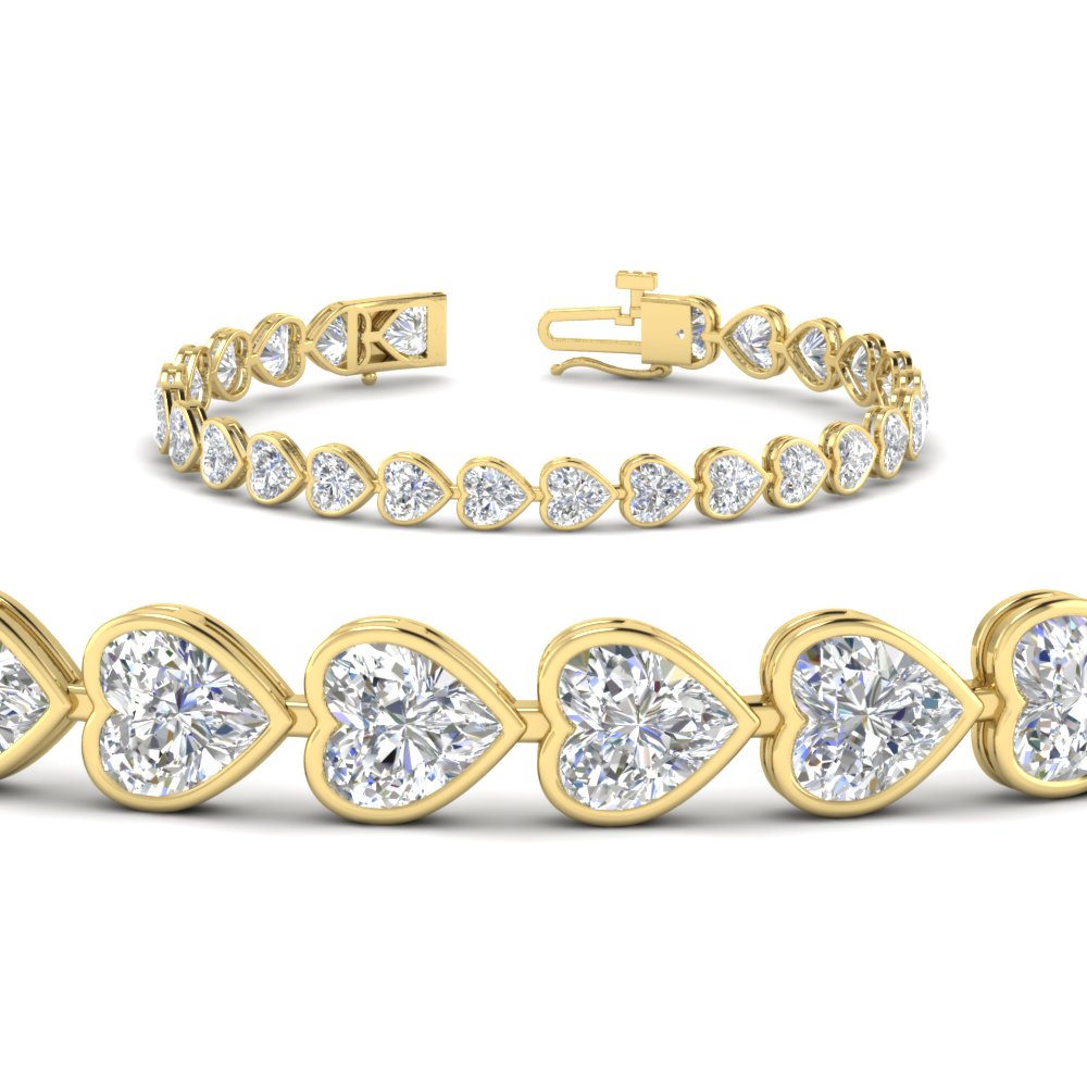 Heart Shaped Diamond Bezel Tennis Bracelet 10.40 Carat with 14K Yellow Gold White Diamond