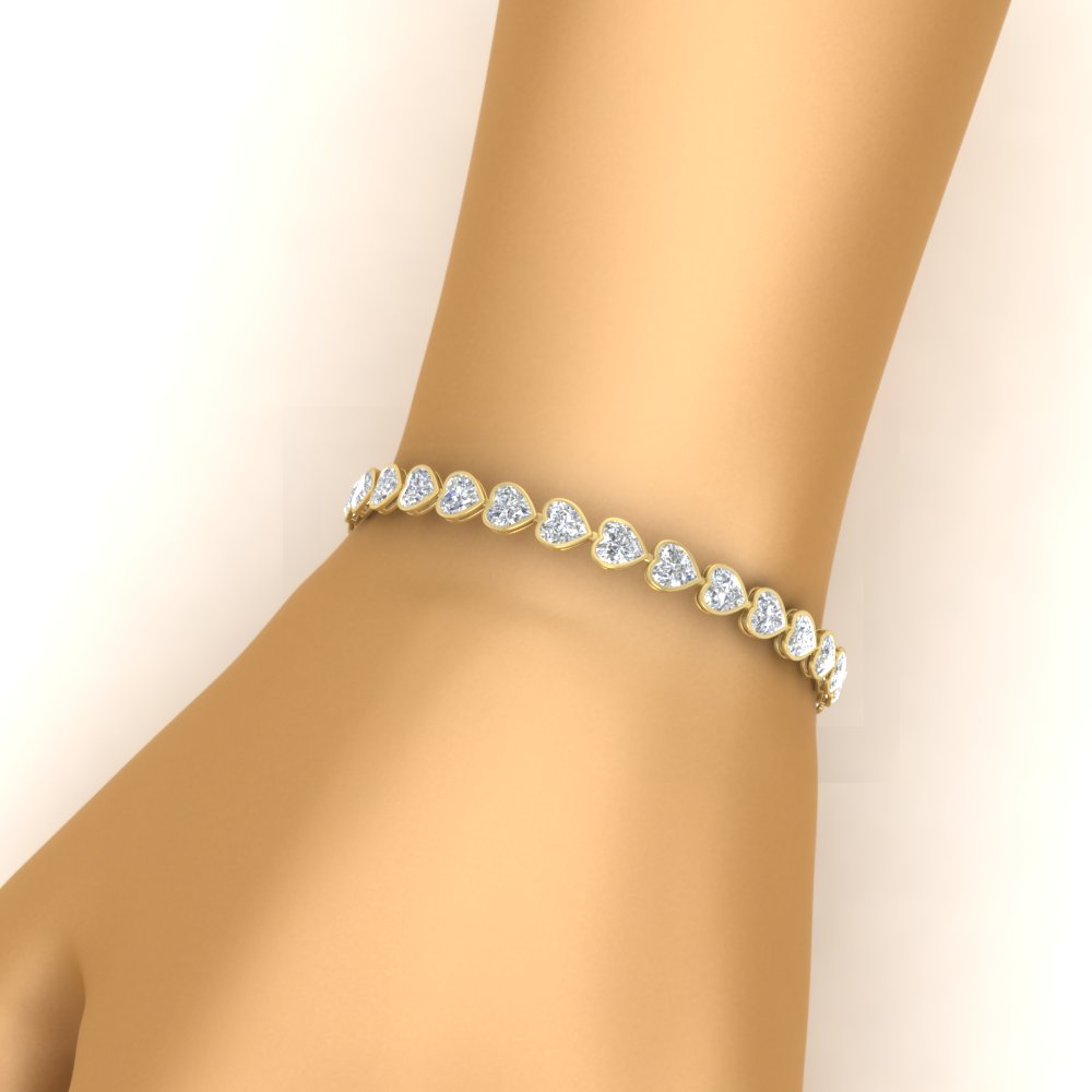 Heart Shaped Diamond Bezel Tennis Bracelet 10.40 Carat with 14K Yellow Gold White Diamond