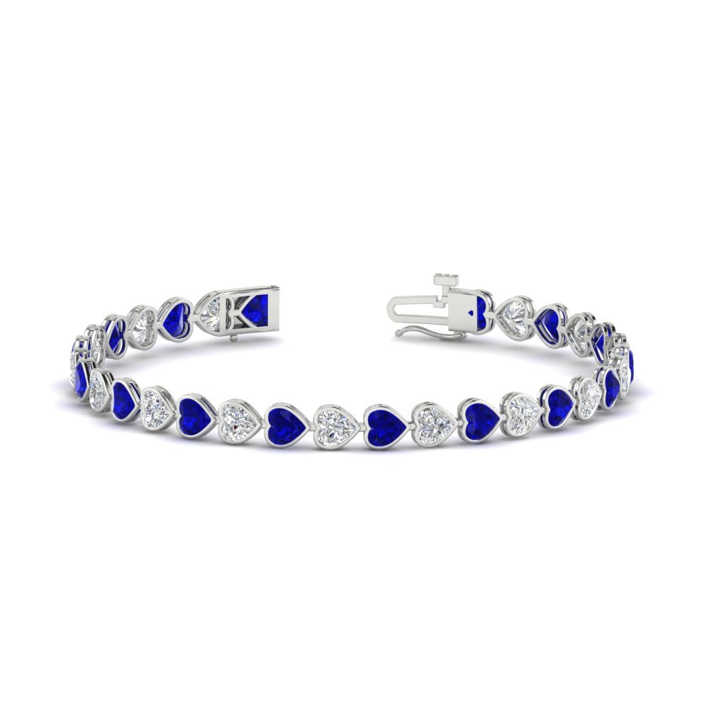 Heart Shaped Diamond Bezel Tennis Bracelet 7.75 Carat with 14K White Gold Blue Sapphire