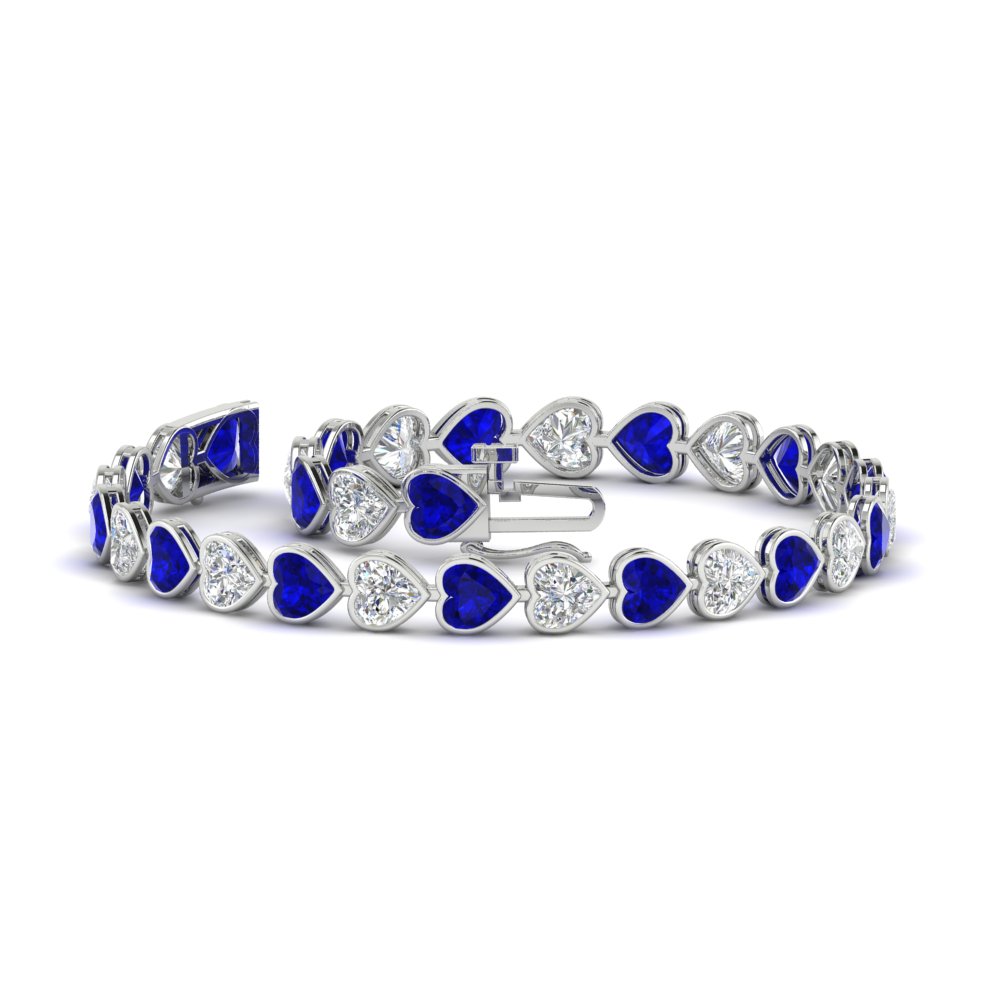 Heart Shaped Diamond Bezel Tennis Bracelet 7.75 Carat with 14K White Gold Blue Sapphire