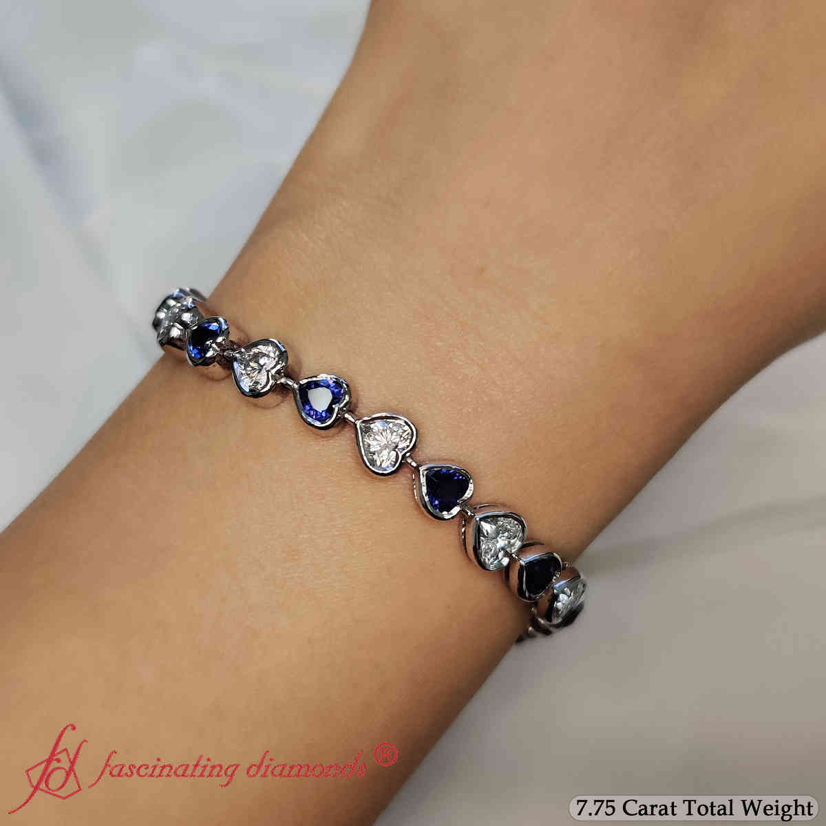 Heart Shaped Diamond Bezel Tennis Bracelet 7.75 Carat with 14K White Gold Blue Sapphire