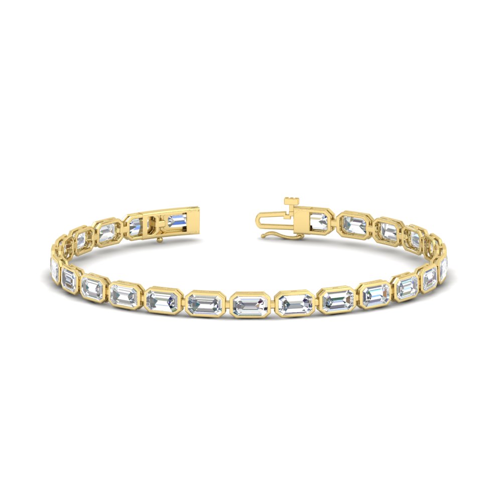 7.50 Carat Emerald Cut Diamond Bezel Tennis Bracelet with 14K Yellow Gold White Diamond