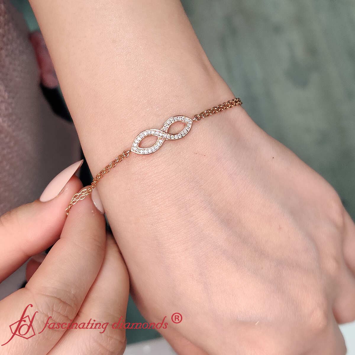 Pave Infinity Chain Bracelet with 14K Rose Gold White Diamond