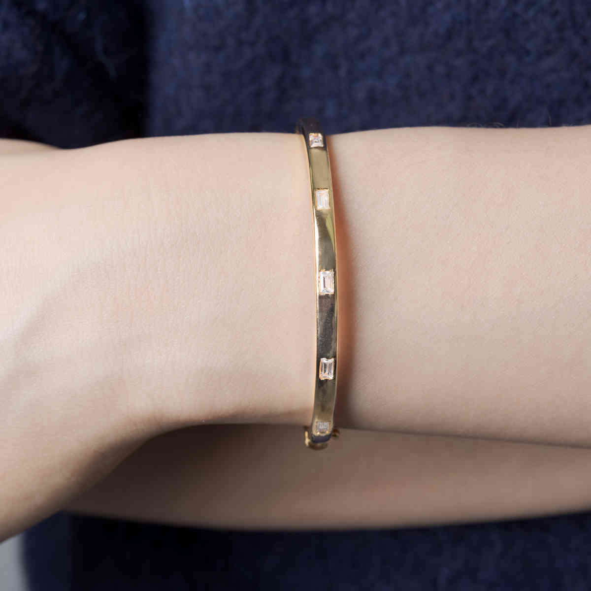 Delicate Baguette Bangle Bracelet with 14K Yellow Gold White Diamond