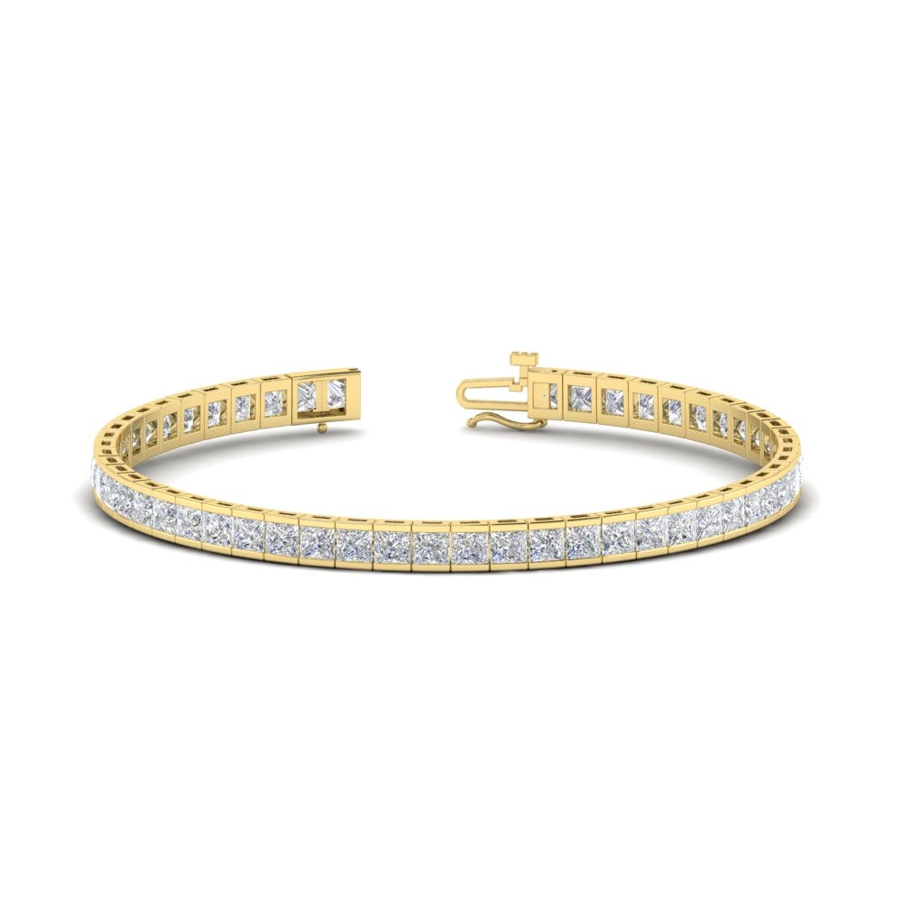 10 Carat Princess Cut Diamond Tennis Bracelet Bezel Set with 14K Yellow Gold White Diamond