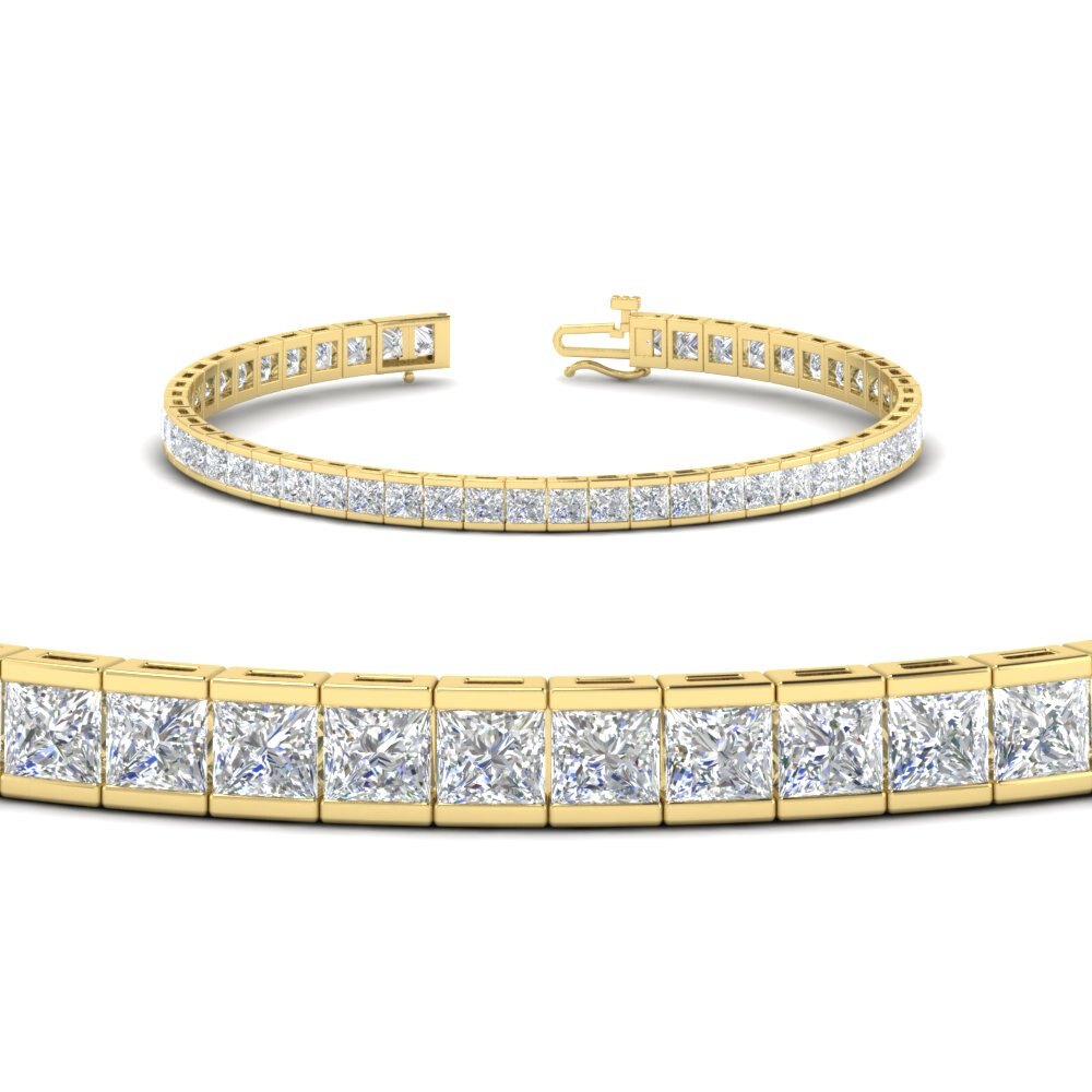 10 Carat Princess Cut Diamond Tennis Bracelet Bezel Set with 14K Yellow Gold White Diamond