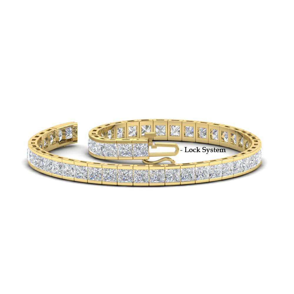 10 Carat Princess Cut Diamond Tennis Bracelet Bezel Set with 14K Yellow Gold White Diamond