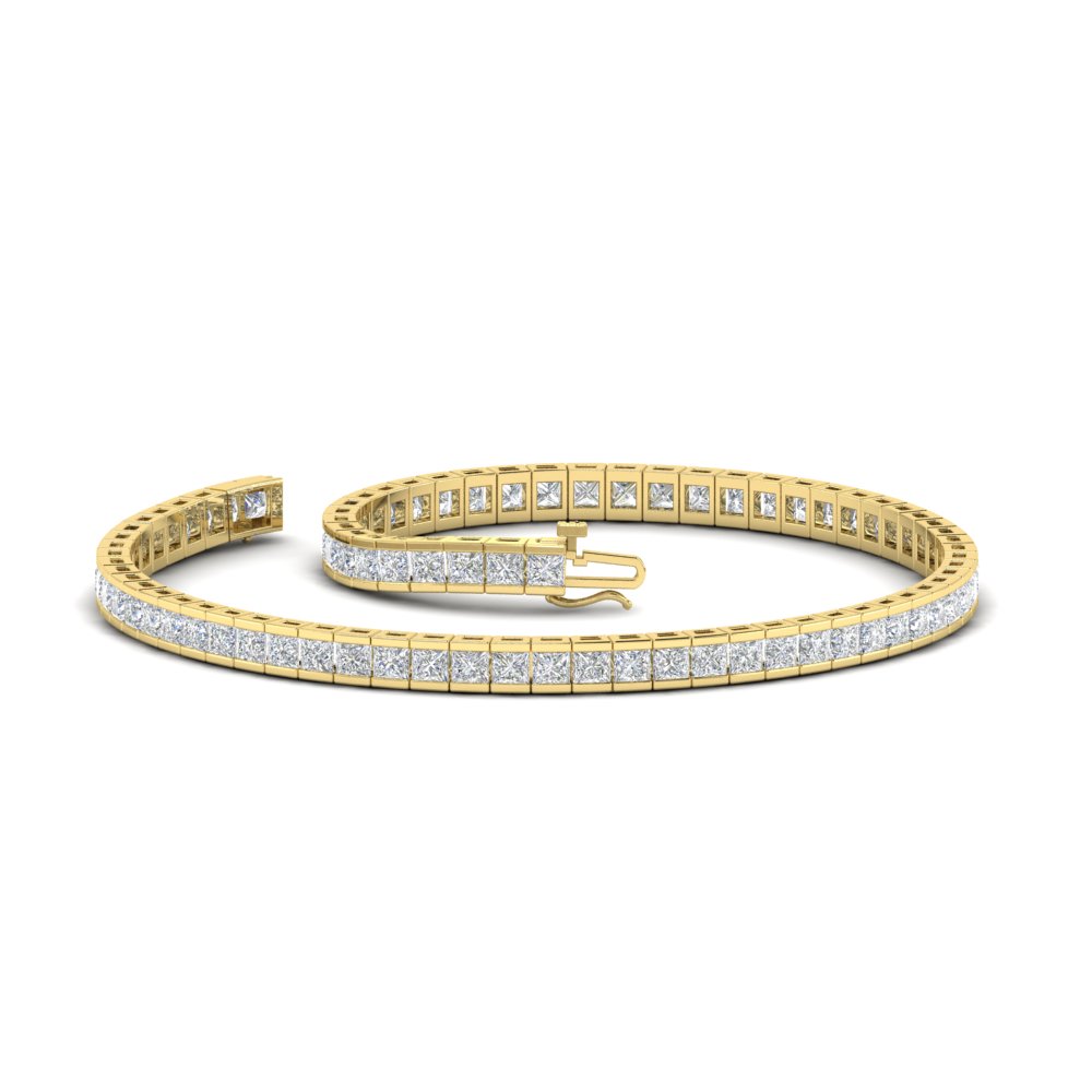 Princess Cut Half Bezel Tennis Bracelet with 14K Yellow Gold White Diamond