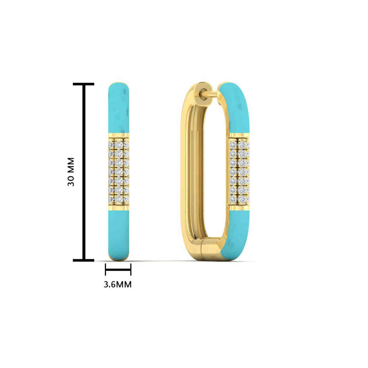 Elongated Huggie Turquoise Enamel Earring with 14K Yellow Gold White Diamond