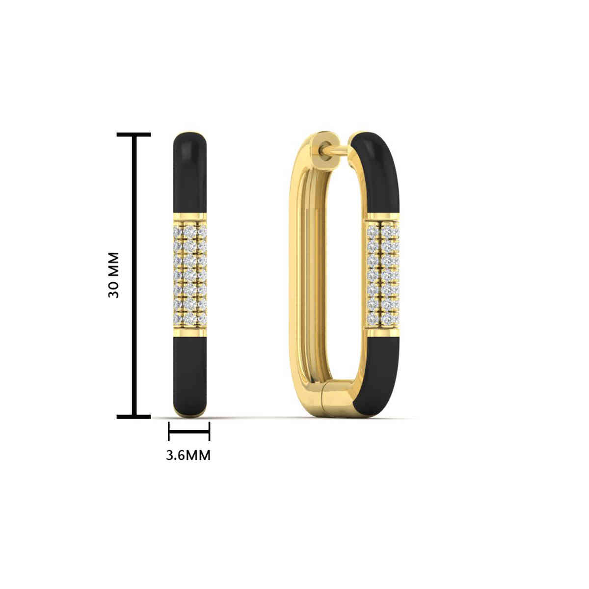 Oblong Black Enamel Huggie Hoop Earrings with 14K Yellow Gold White Diamond